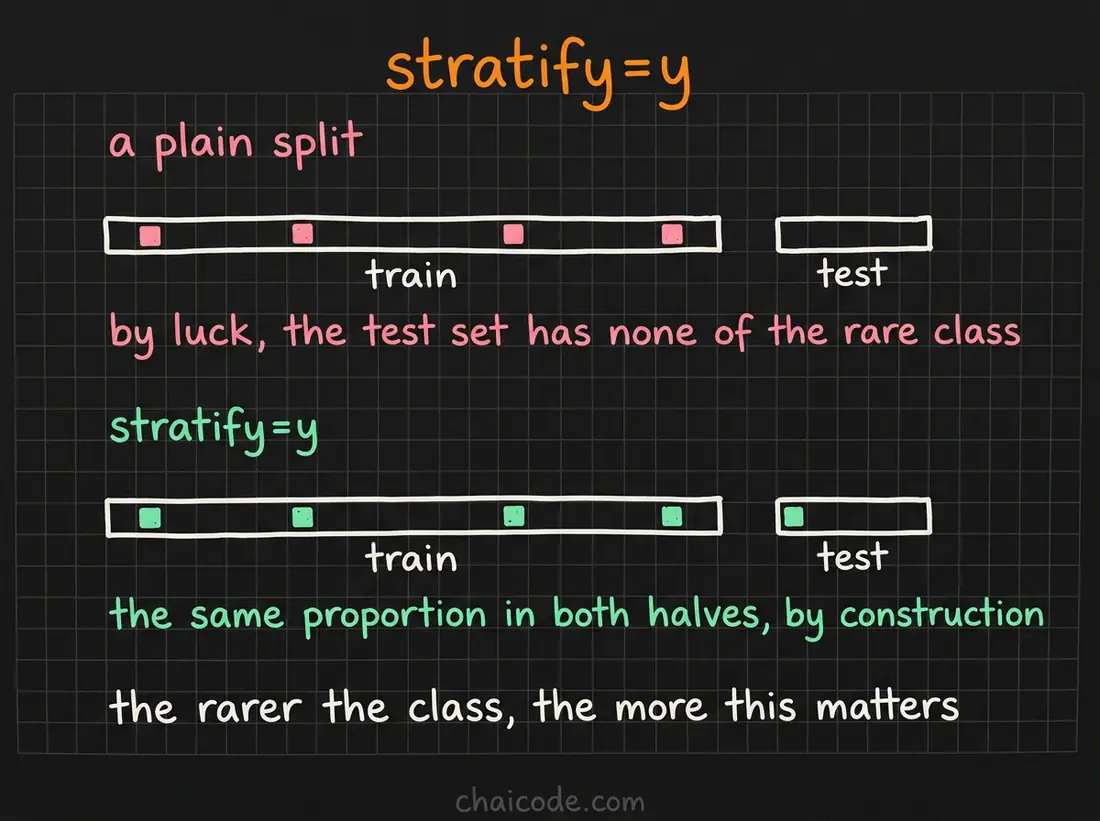 Hand-drawn notes showing a rare class landing unevenly in a random split, against stratify keeping the same proportion in both halves.