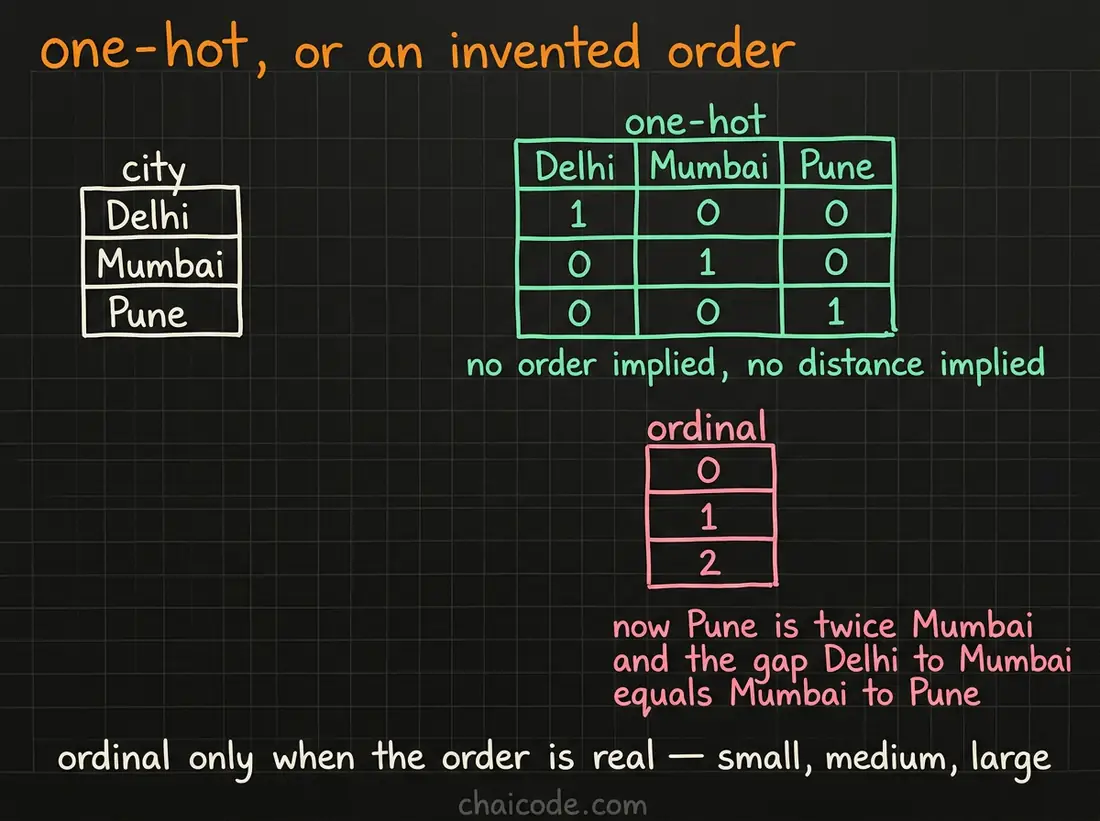 Hand-drawn notes contrasting one-hot encoding, which gives each category its own column, with ordinal encoding, which invents an order and a distance.