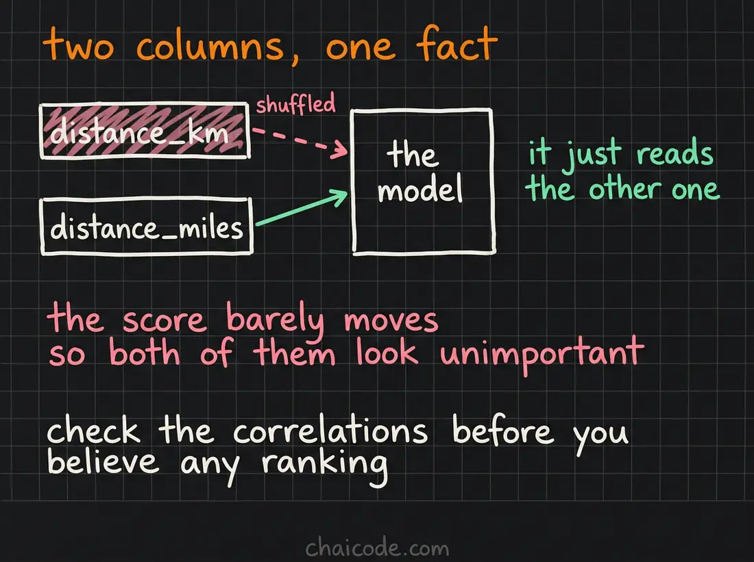 Hand-drawn notes showing two columns carrying the same fact, where shuffling one leaves the model free to read the other, so both look unimportant.