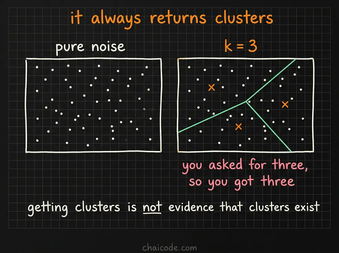 Hand-drawn notes showing k-means splitting pure noise into exactly three clusters, because asking for three always returns three.