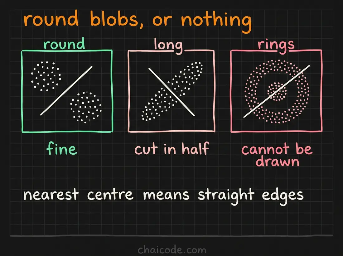 Hand-drawn notes showing k-means handling round groups, cutting an elongated one in half, and being unable to represent nested rings at all.