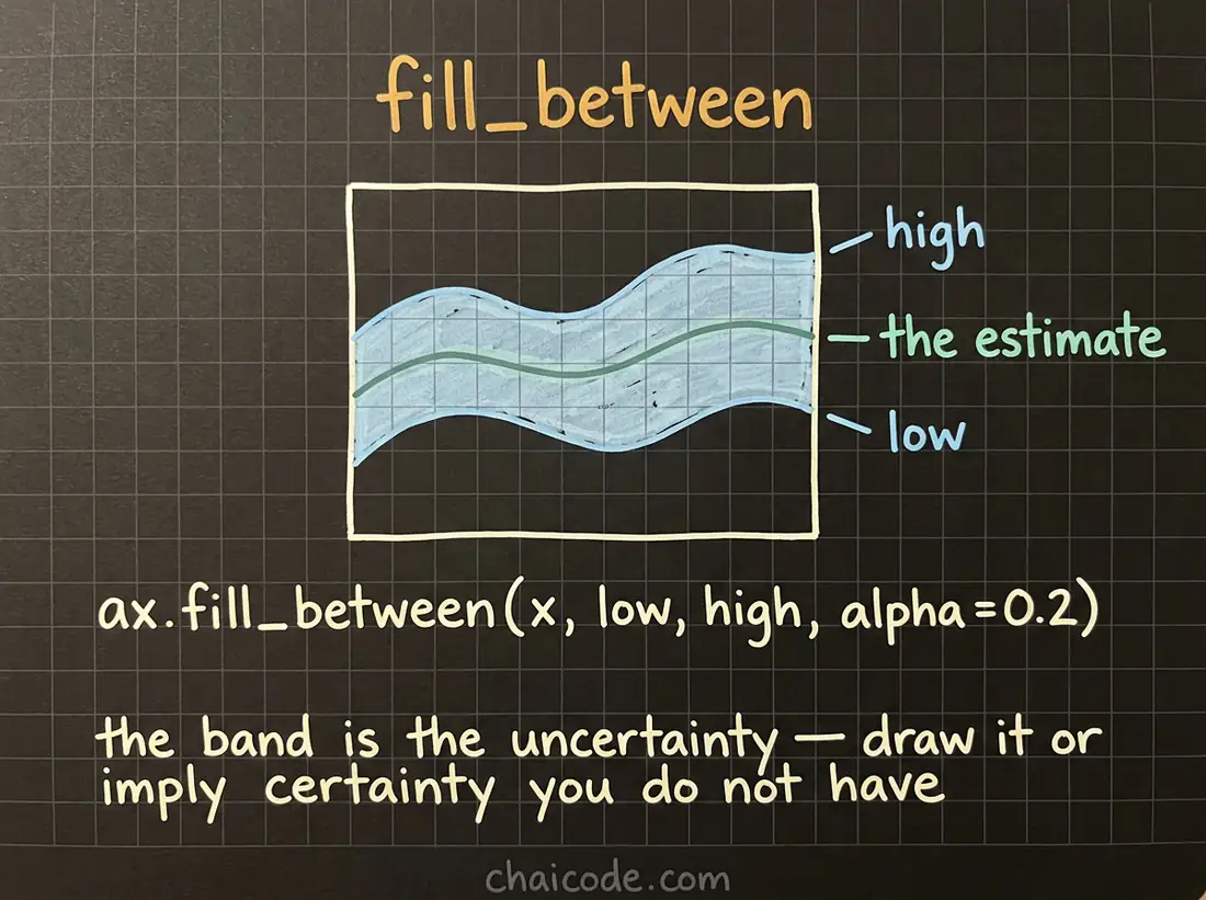 Hand-drawn notes showing fill_between shading the band between a low and a high line, to show a range around an estimate.