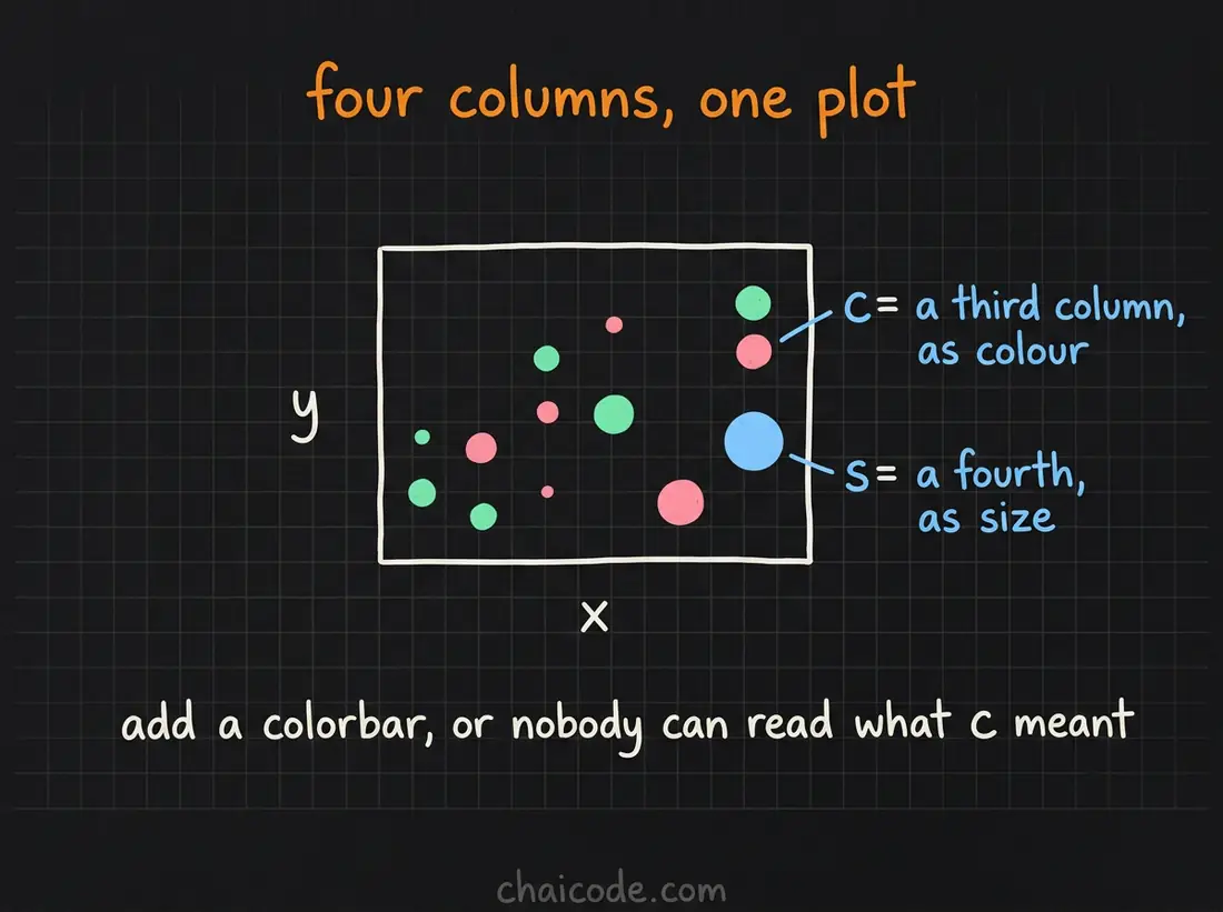 Hand-drawn notes showing a scatter plot carrying four columns at once through position, colour and marker size.