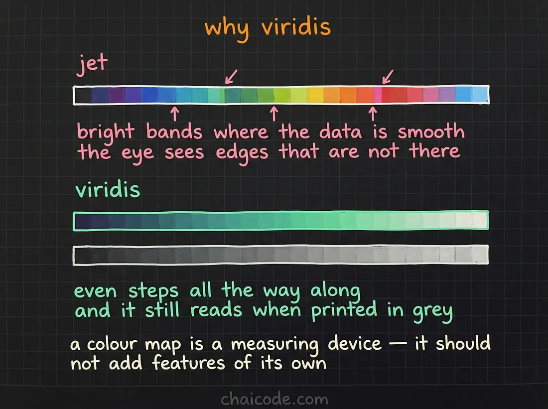 Hand-drawn notes contrasting a rainbow colormap, which creates false bands in smooth data, with viridis, which steps evenly and survives greyscale.
