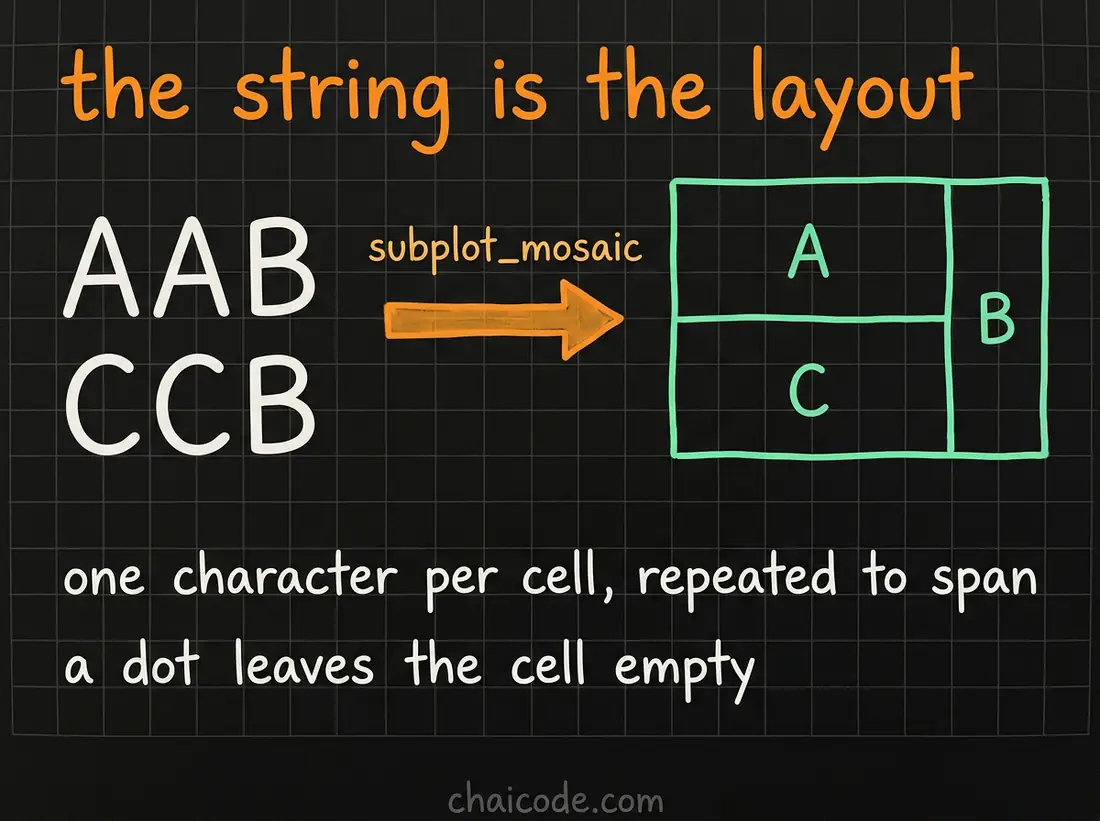 Hand-drawn notes showing subplot_mosaic taking a picture of the layout as text, with one character per cell and a repeated character spanning.