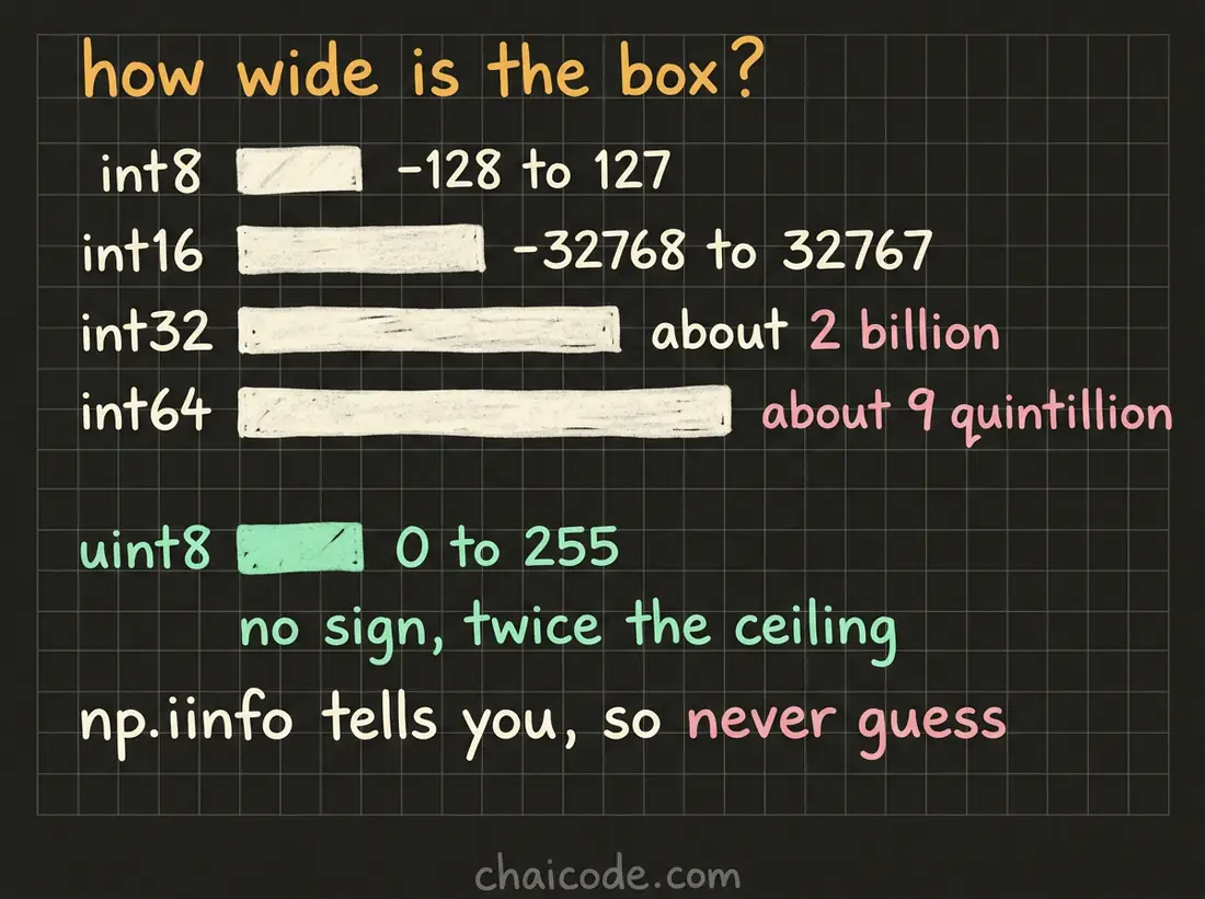 Hand-drawn notes showing integer dtypes as boxes of increasing width, each labelled with its range, and uint8 shown as the unsigned case.