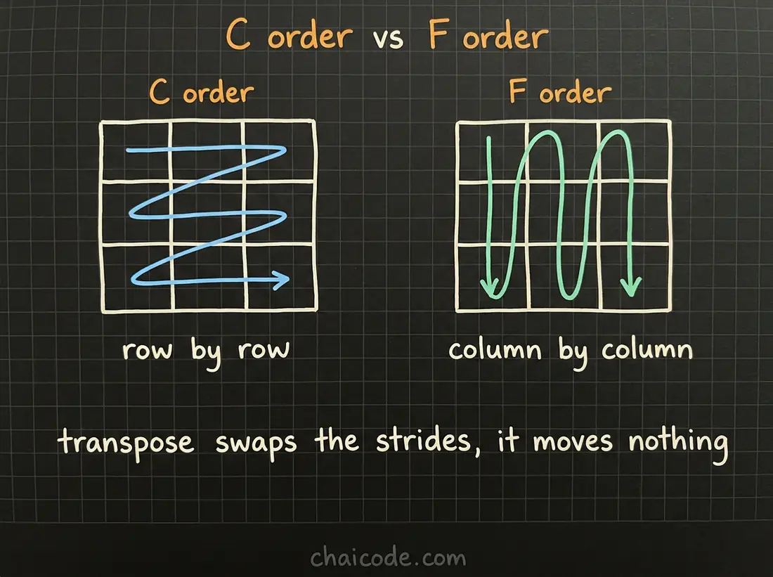 Hand-drawn notes contrasting C order, which walks a grid row by row, with F order, which walks it column by column, and noting that transpose only swaps the strides.