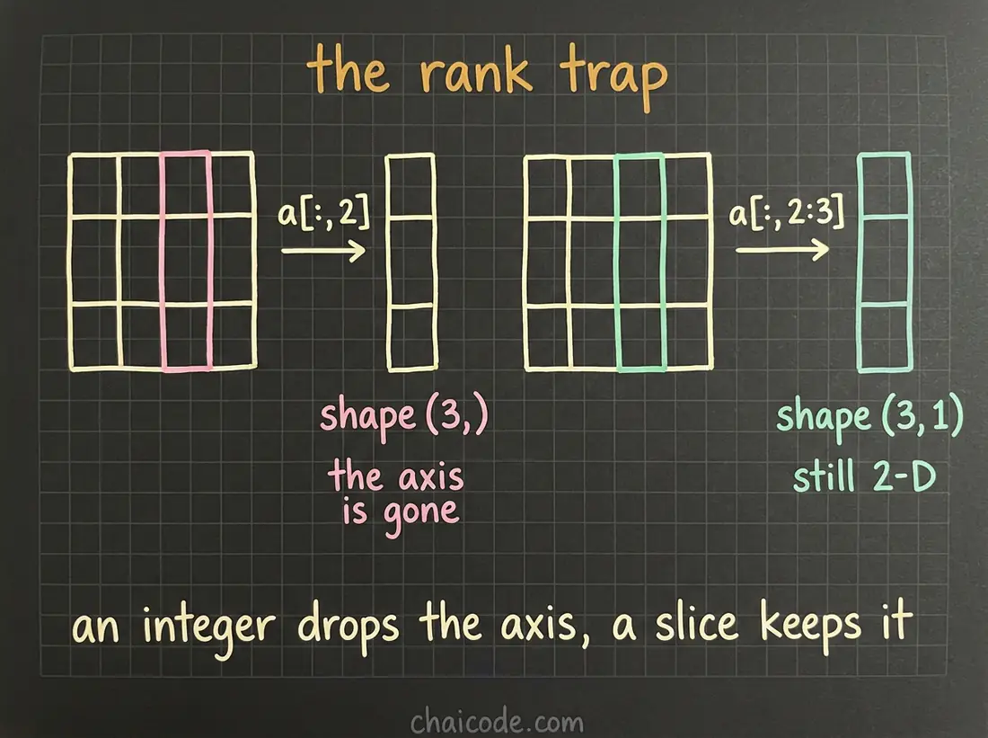 Hand-drawn notes showing that indexing a grid with an integer drops the axis and returns a 1-D result, while slicing the same column keeps it 2-D.
