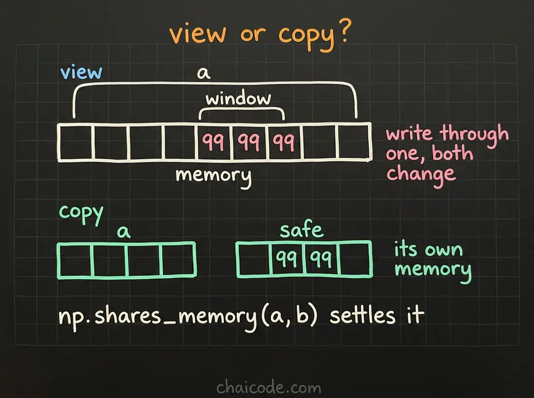 Hand-drawn notes showing a view as a second window onto the same memory, where writing through it changes the original, against a copy which owns separate memory.