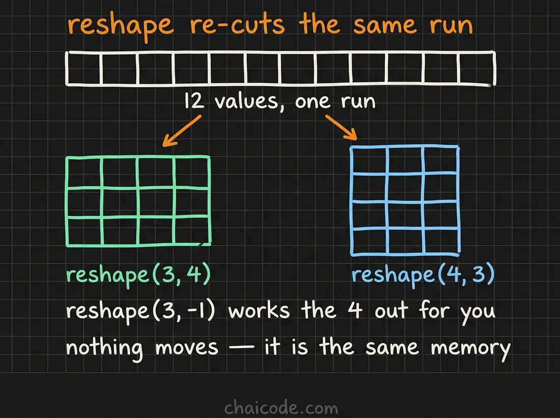 Hand-drawn notes showing one flat run of twelve values re-cut into a 3 by 4 and a 4 by 3 grid, with minus one working out the missing dimension and nothing moving in memory.