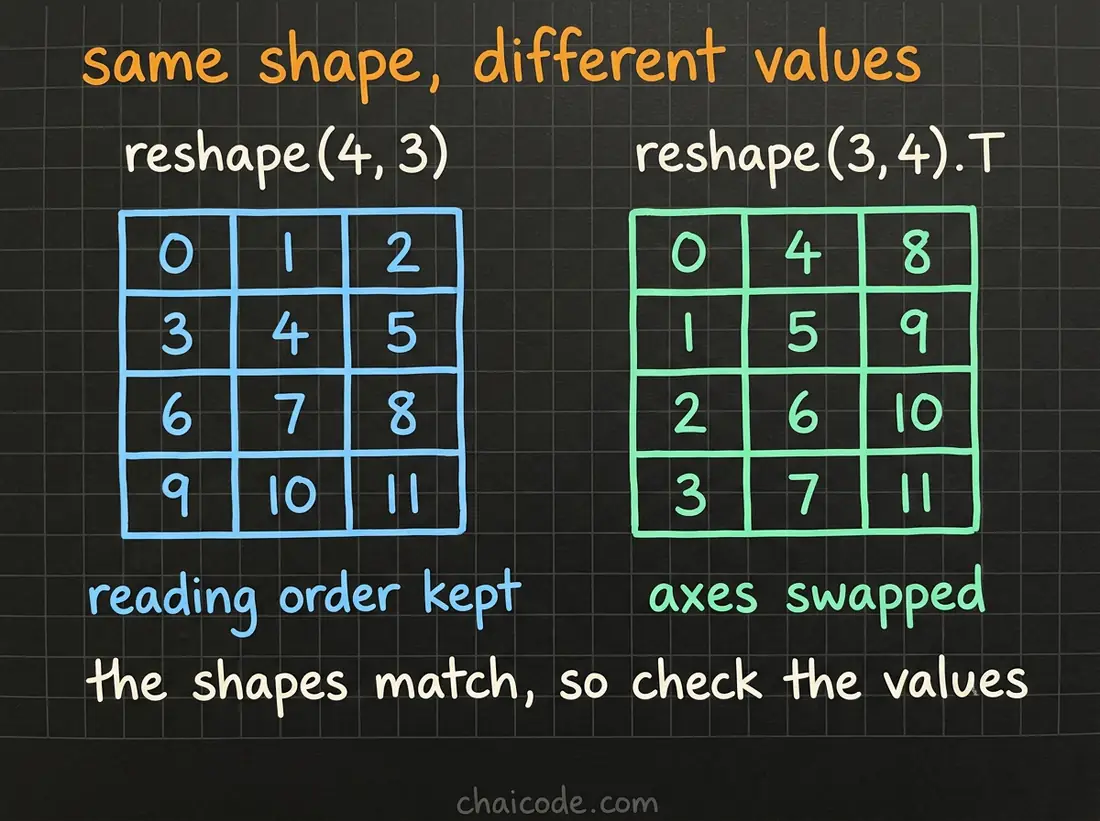Hand-drawn notes showing that reshaping to 4 by 3 and transposing a 3 by 4 give the same shape but different contents, because reshape keeps reading order while transpose swaps the axes.