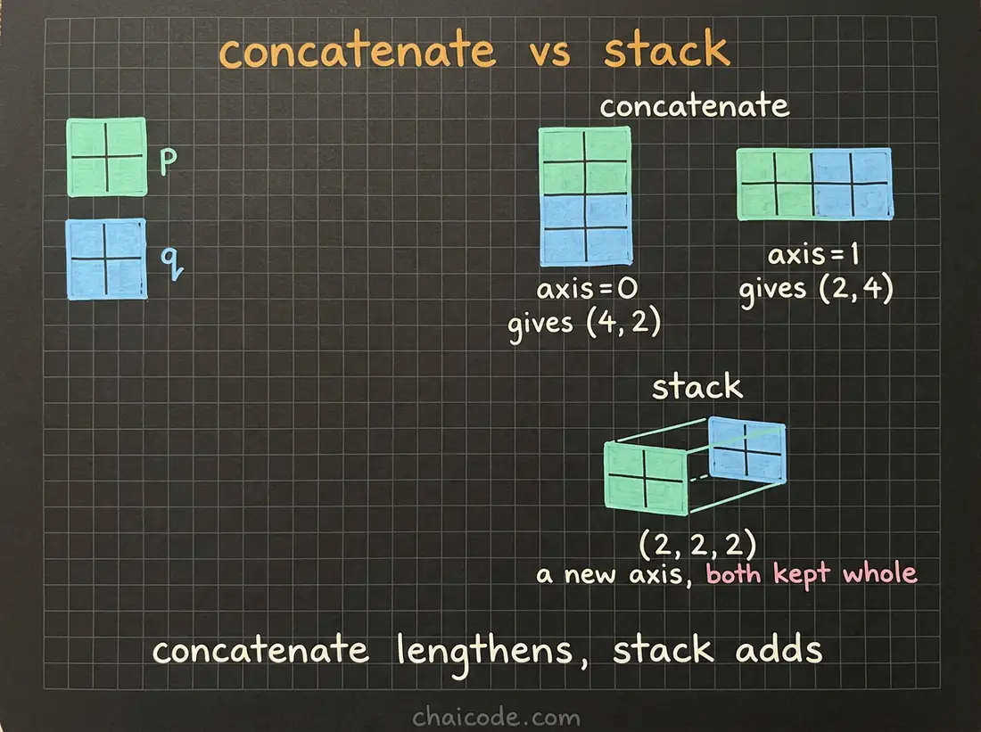 Hand-drawn notes contrasting concatenate, which makes an existing axis longer, with stack, which adds a new axis and leaves the arrays whole.