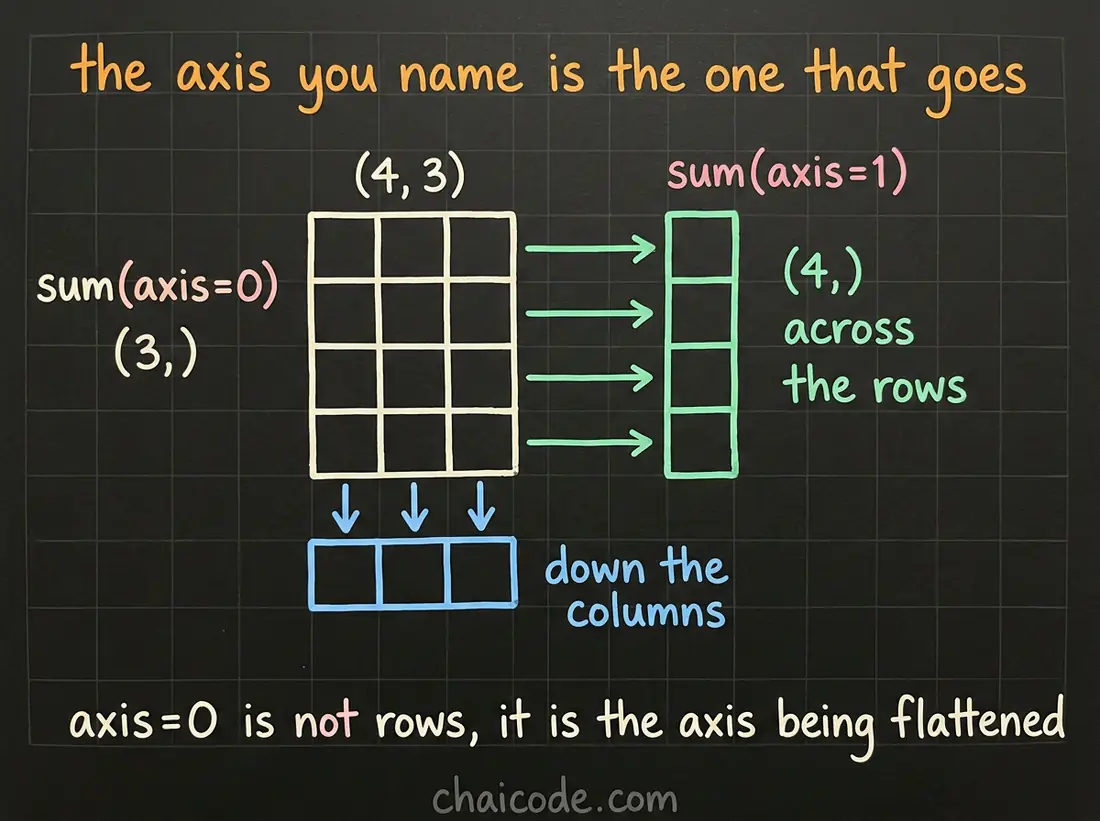 Hand-drawn notes showing that summing along axis zero collapses the rows into one row per column, while axis one collapses the columns, and the axis named is the one that disappears.