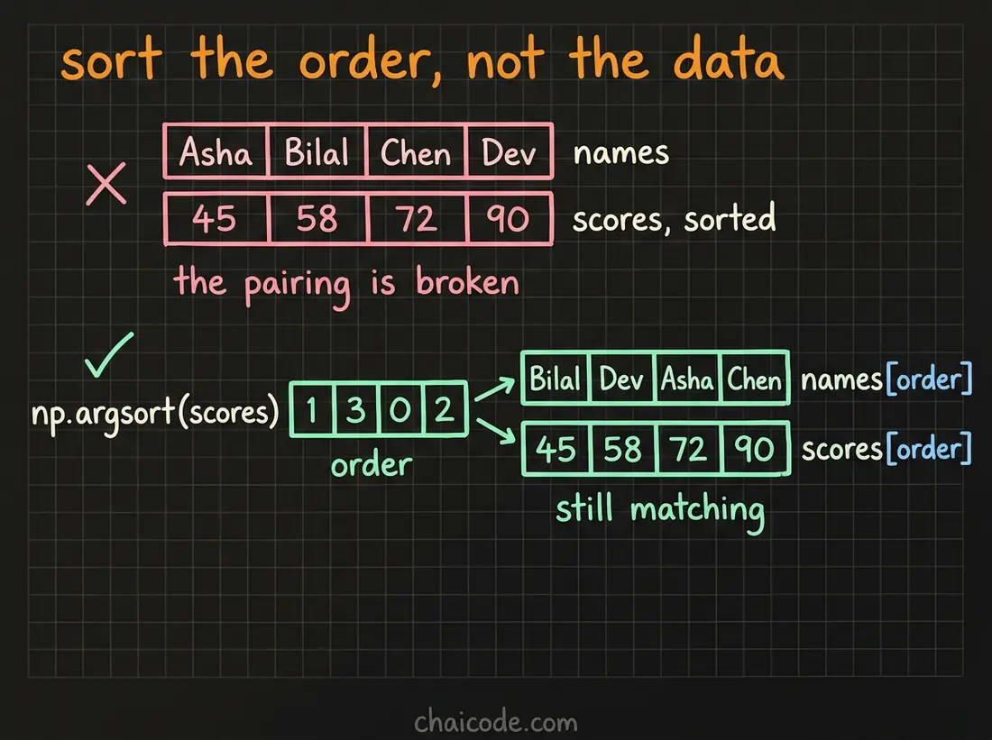 Hand-drawn notes showing that sorting scores alone breaks their pairing with names, while argsort produces an order that can be applied to both arrays.