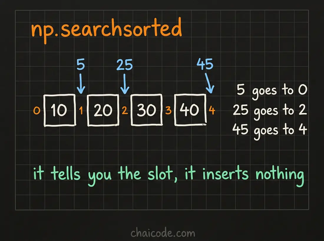 Hand-drawn notes showing searchsorted returning the slot a value would occupy in an already sorted array, without inserting anything.