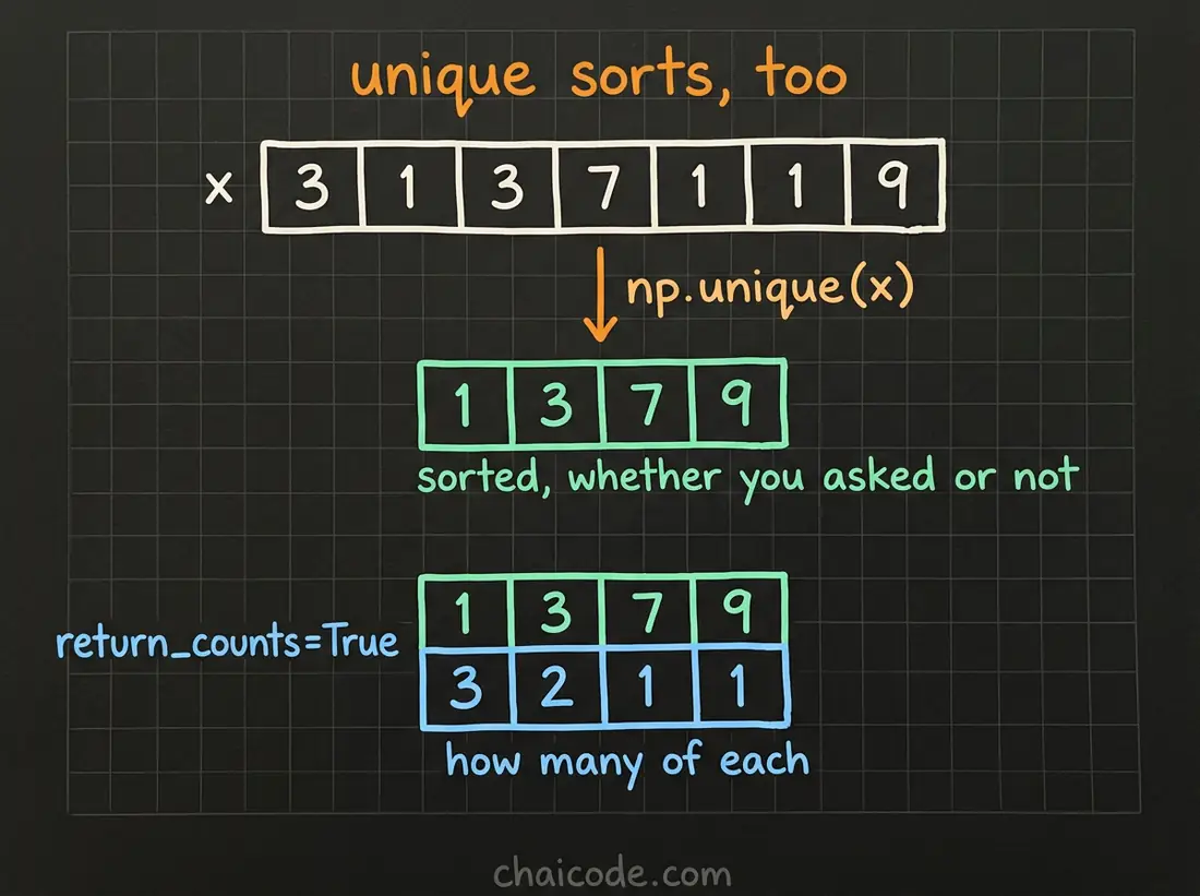 Hand-drawn notes showing np.unique returning distinct values already sorted, with return_counts giving how many times each appeared.