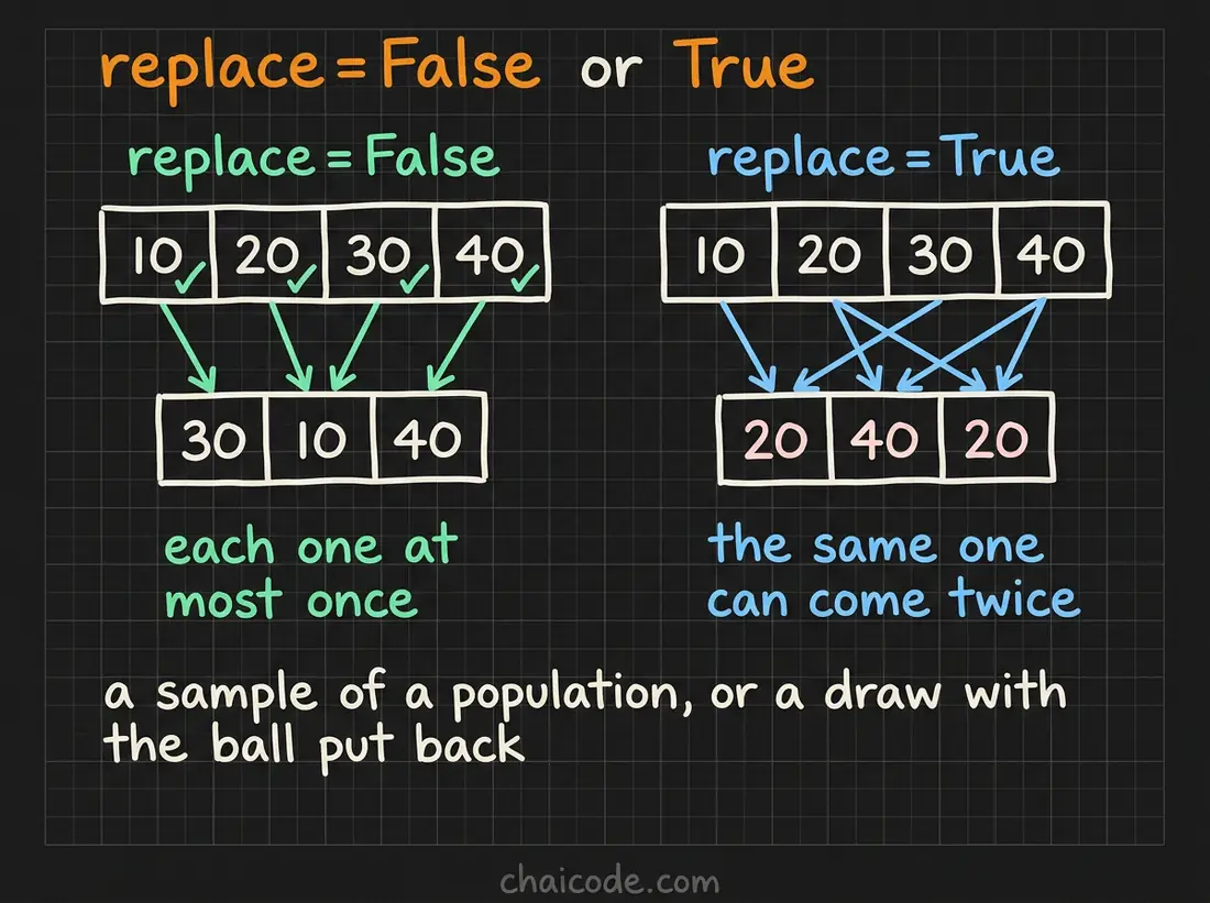 Hand-drawn notes contrasting sampling without replacement, where each item can be drawn at most once, with sampling with replacement, where the same item can come up twice.