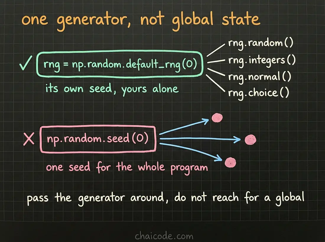 Hand-drawn notes showing the modern generator object carrying its own seed, against the older global np.random.seed that everything else on the machine shares.