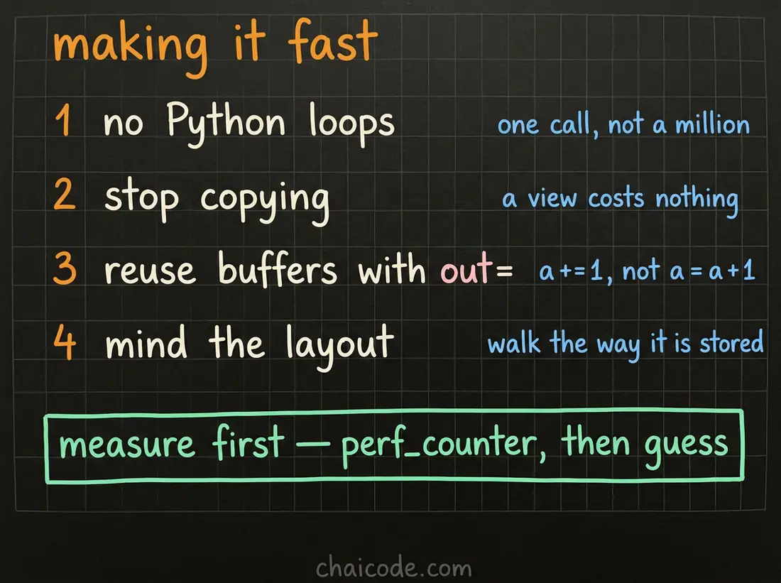 Hand-drawn notes listing the four ways to make NumPy code faster, with the instruction to measure before tuning anything.