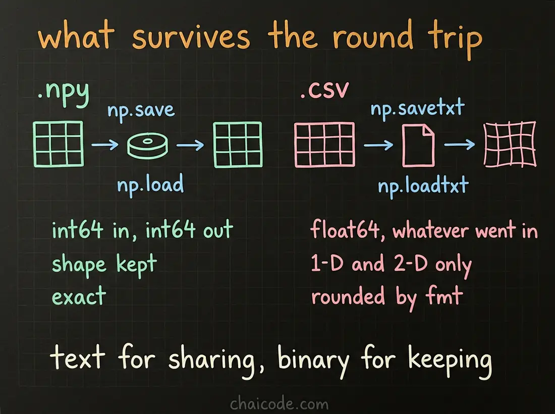 Hand-drawn notes contrasting a binary npy round trip which preserves dtype and shape exactly with a CSV round trip which returns float64, two dimensions at most, and rounded values.