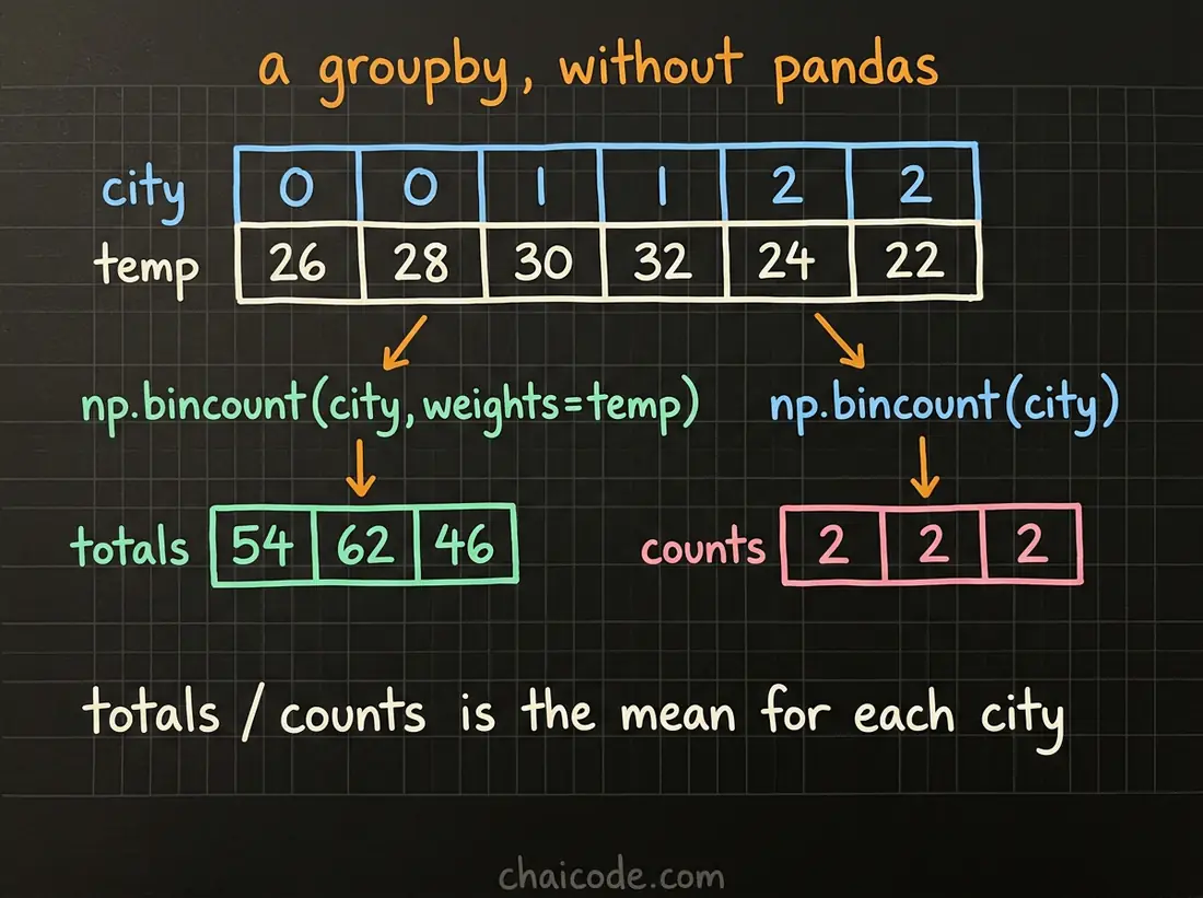 Hand-drawn notes showing grouping by integer code with bincount, totalling with weights and counting without, then dividing one by the other to get a mean per group.
