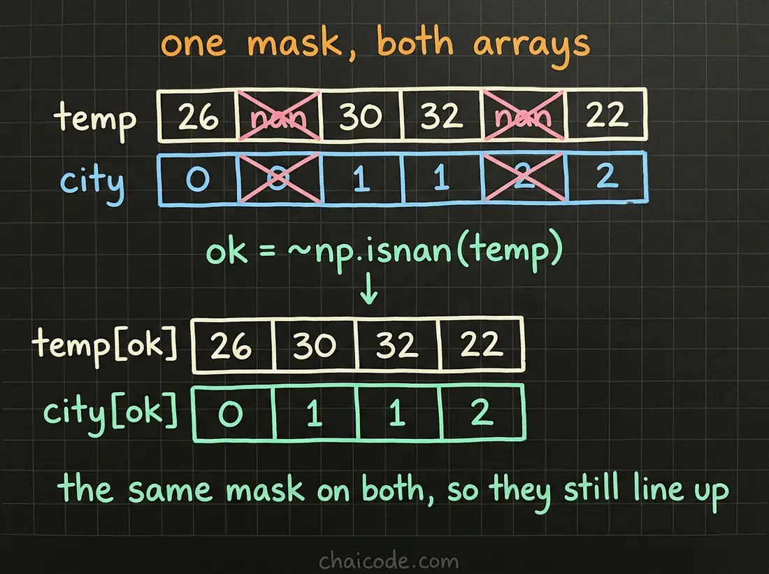 Hand-drawn notes showing one boolean mask applied to two parallel arrays at once, so the readings and their labels stay lined up after the gaps are dropped.