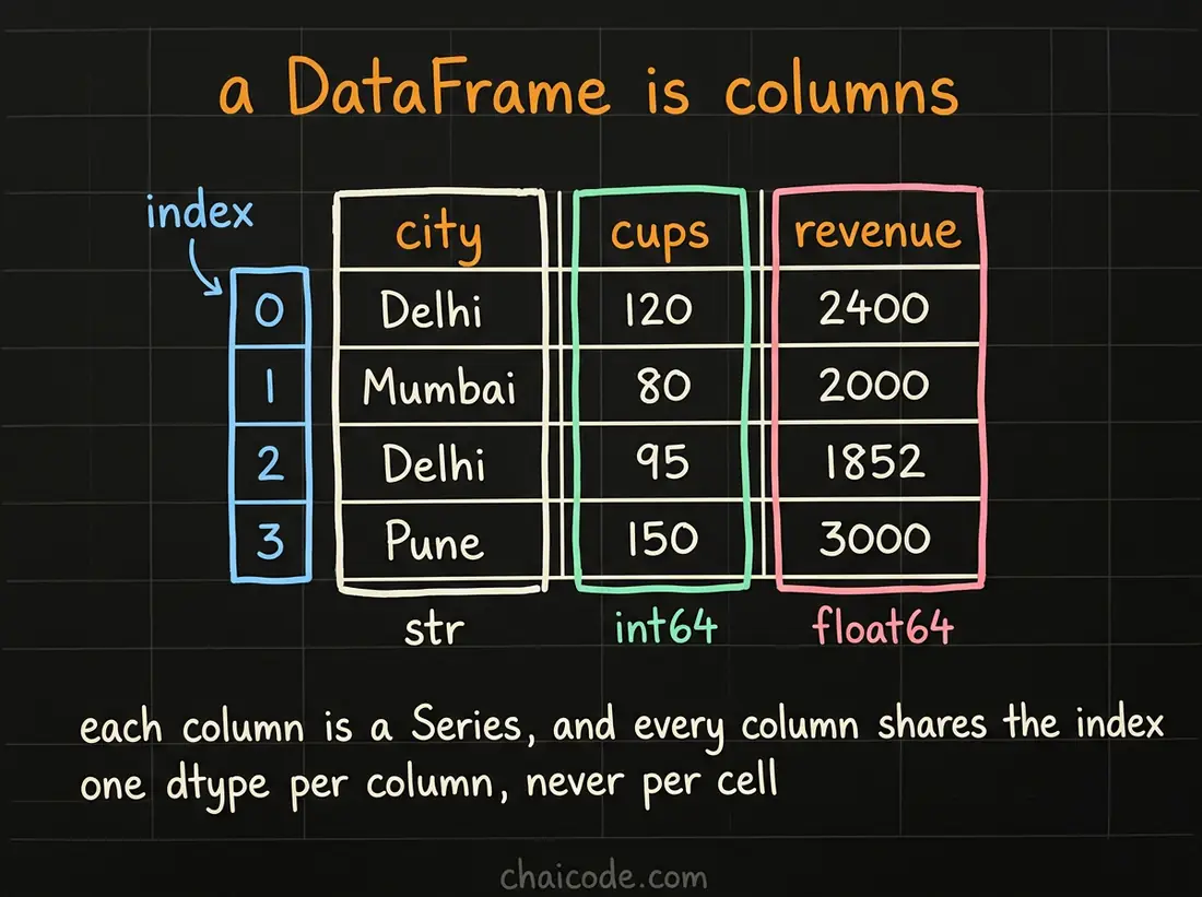 Hand-drawn notes showing a DataFrame as a stack of Series sharing one index, with each column holding a single dtype.