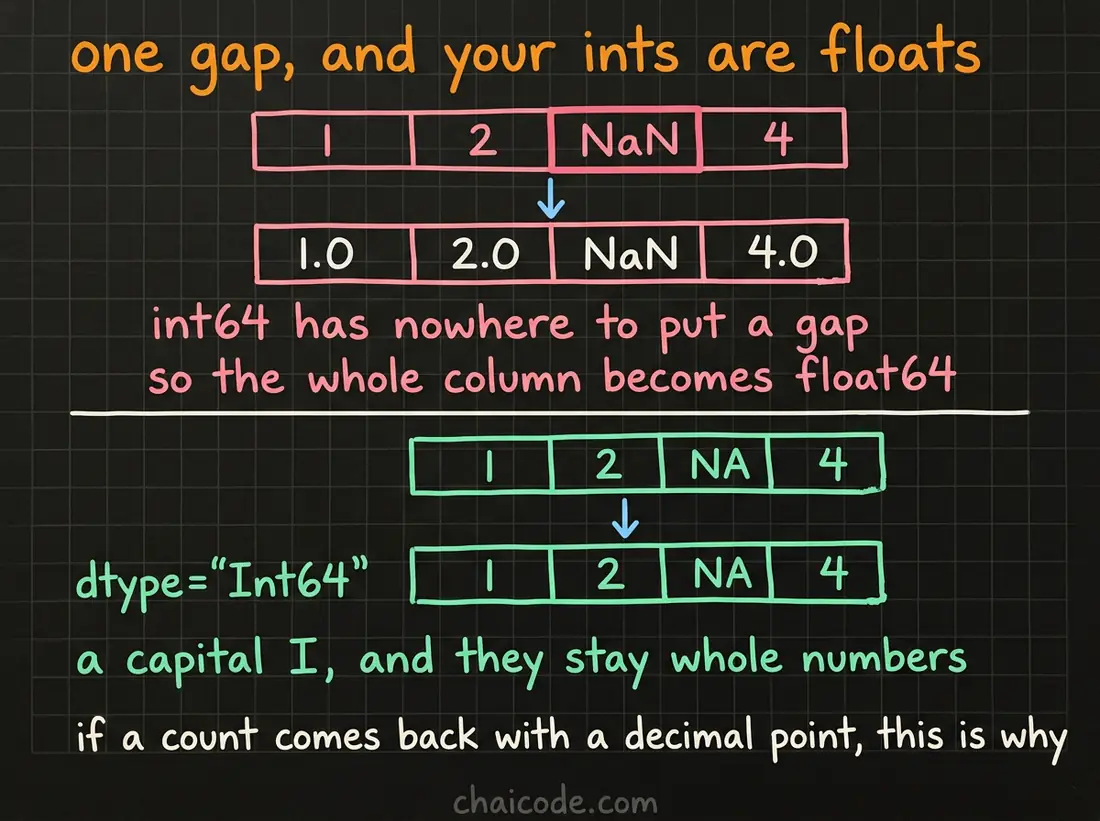 Hand-drawn notes showing that one missing value forces an integer column to float64, and that the capital-I Int64 dtype keeps the numbers whole.