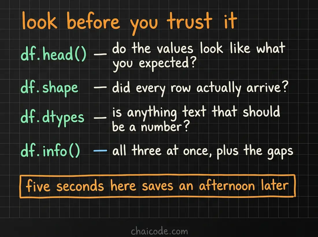Hand-drawn notes listing the four calls to run on any file before trusting it, and what each one is asking.