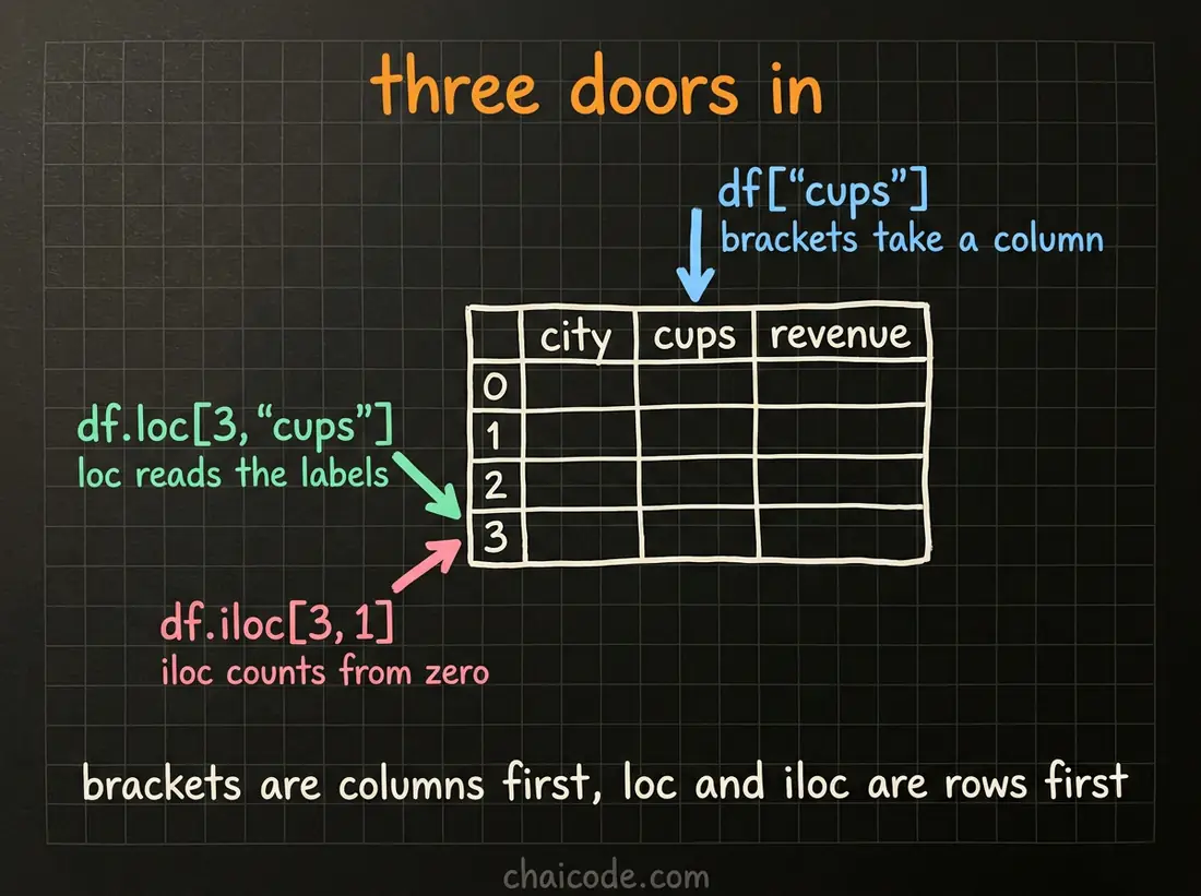 Hand-drawn notes showing that square brackets select columns while loc and iloc select rows first, one by label and one by position.
