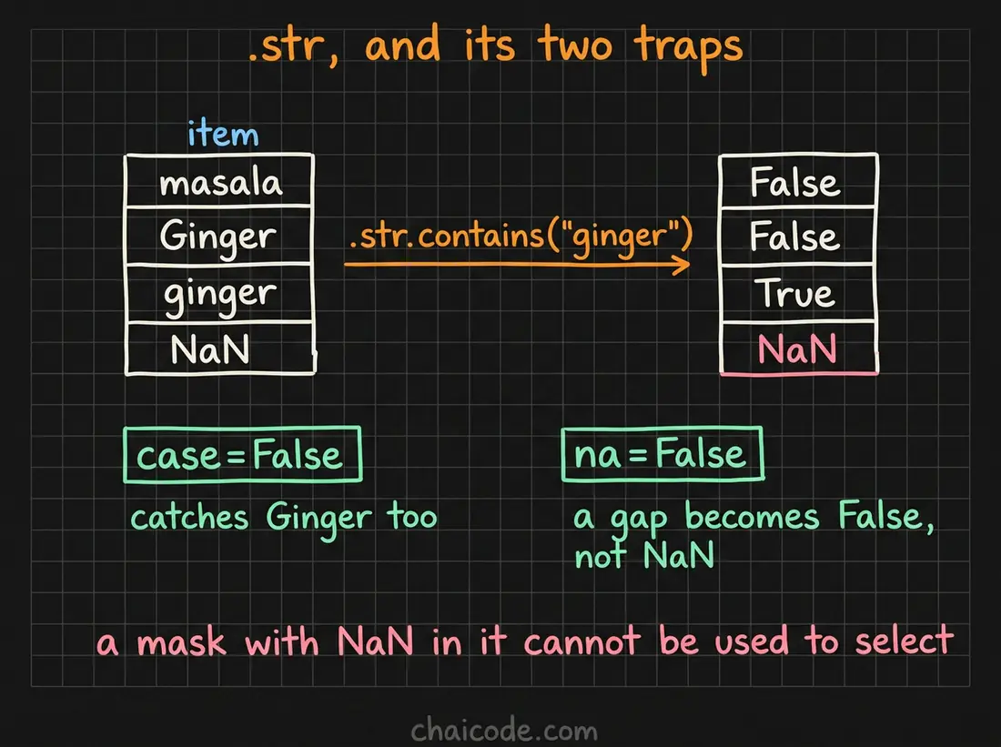 Hand-drawn notes showing the str accessor giving vectorised string methods that return masks, with case and na arguments guarding the two usual traps.