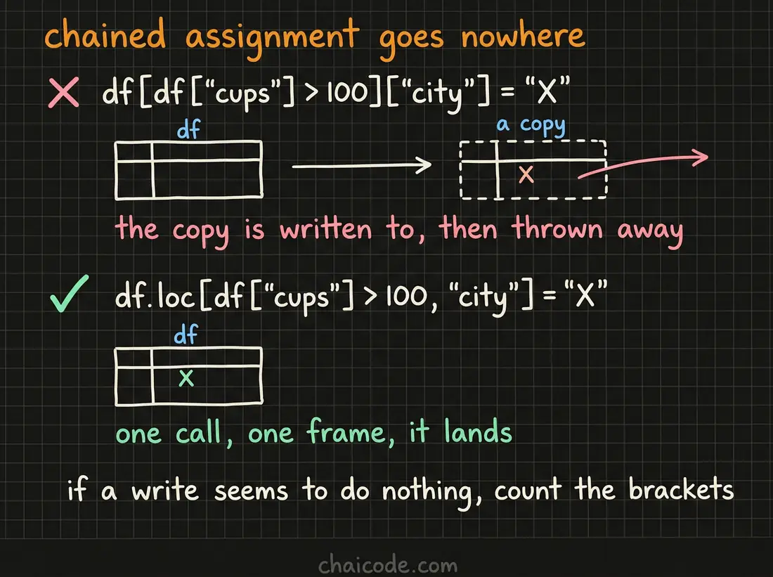 Hand-drawn notes showing chained assignment writing into a temporary copy so the original frame never changes, against a single loc call that lands.
