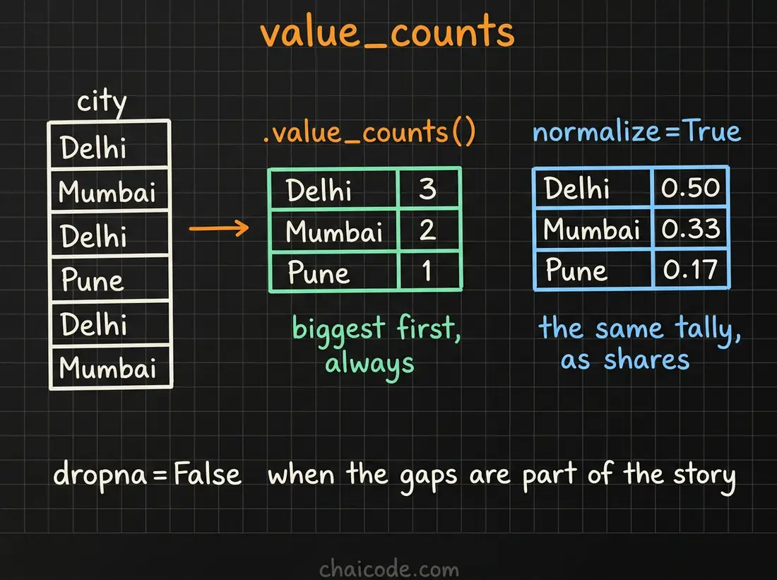 Hand-drawn notes showing value_counts tallying a text column into counts per label, and normalize turning those counts into shares.