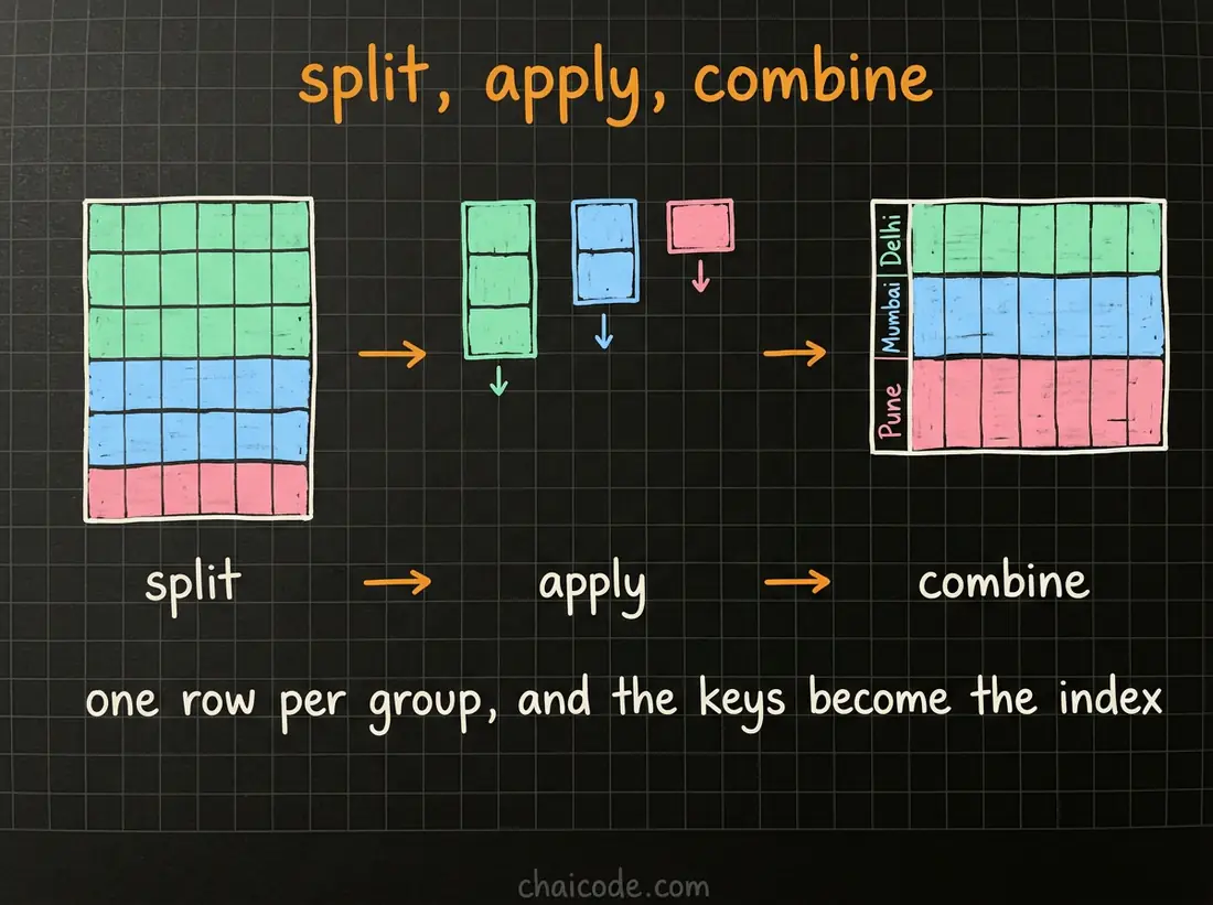 Hand-drawn notes showing groupby as three motions: splitting rows into groups by key, applying a function to each, then combining the answers into one row per group.