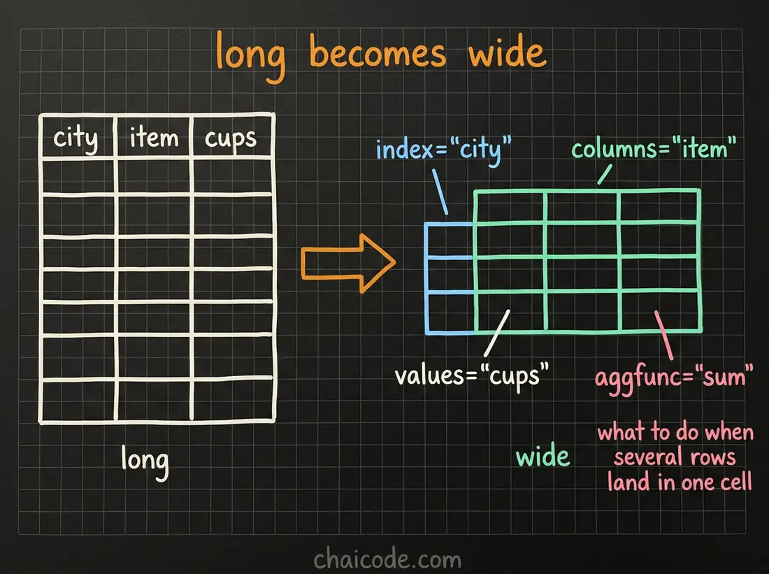 Hand-drawn notes showing pivot_table turning a long table into a wide one, with index becoming rows, columns becoming column headers, values filling the cells and aggfunc deciding collisions.