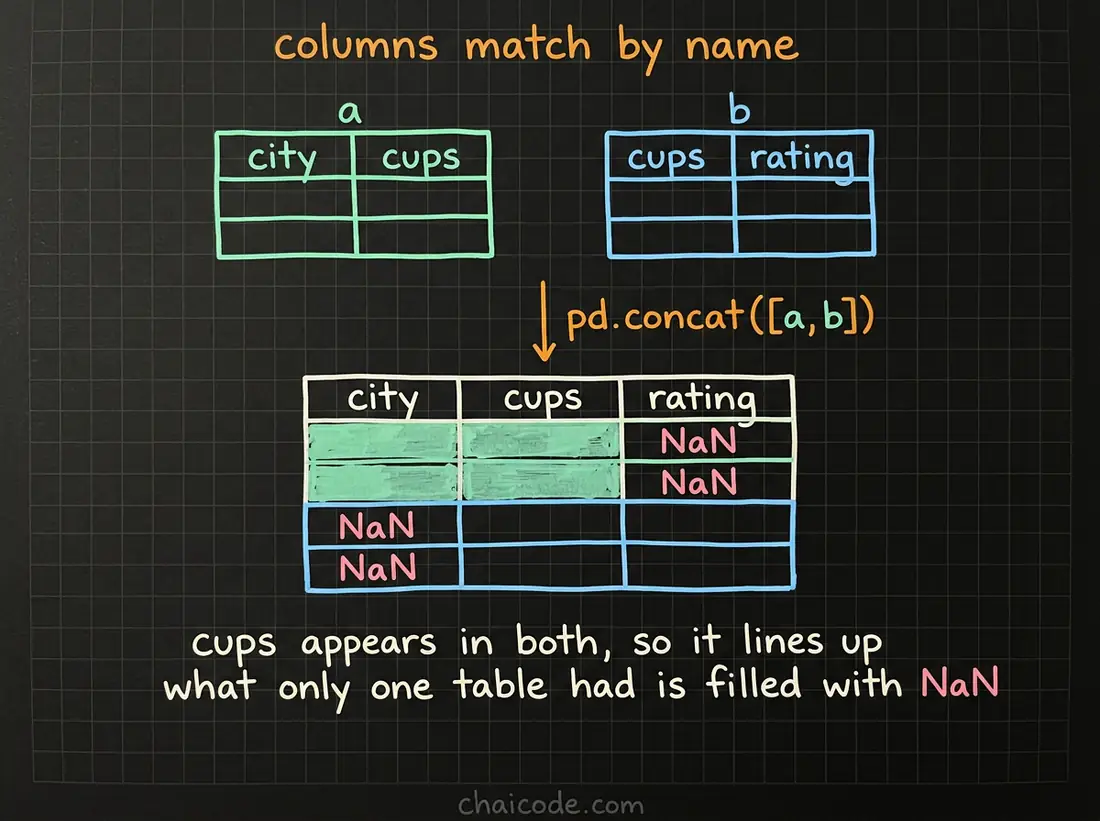 Hand-drawn notes showing concat matching columns by name rather than position, so a column present in only one table is filled with NaN for the other rows.