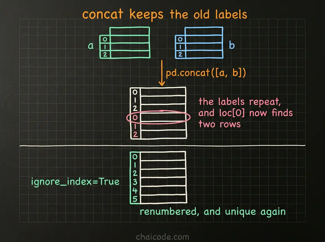 Hand-drawn notes showing concat carrying both tables original row labels into the result, producing repeated index values unless ignore_index is passed.