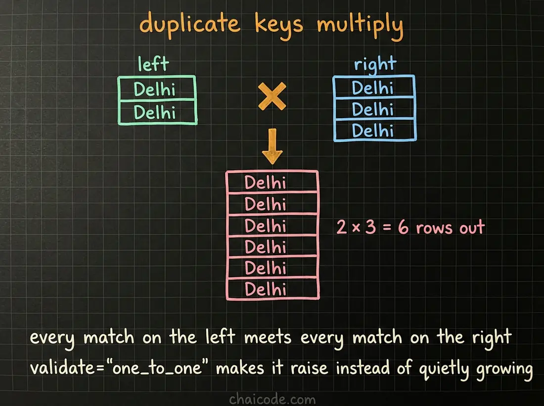 Hand-drawn notes showing that when a key repeats on both sides of a merge the rows multiply, two against three giving six rows out.