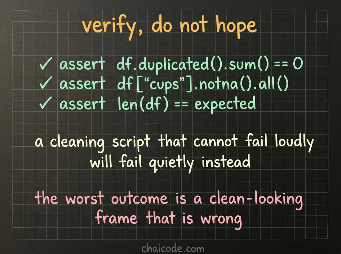 Hand-drawn notes showing a cleaning script ending in assertions, so that a silent failure becomes a loud one.